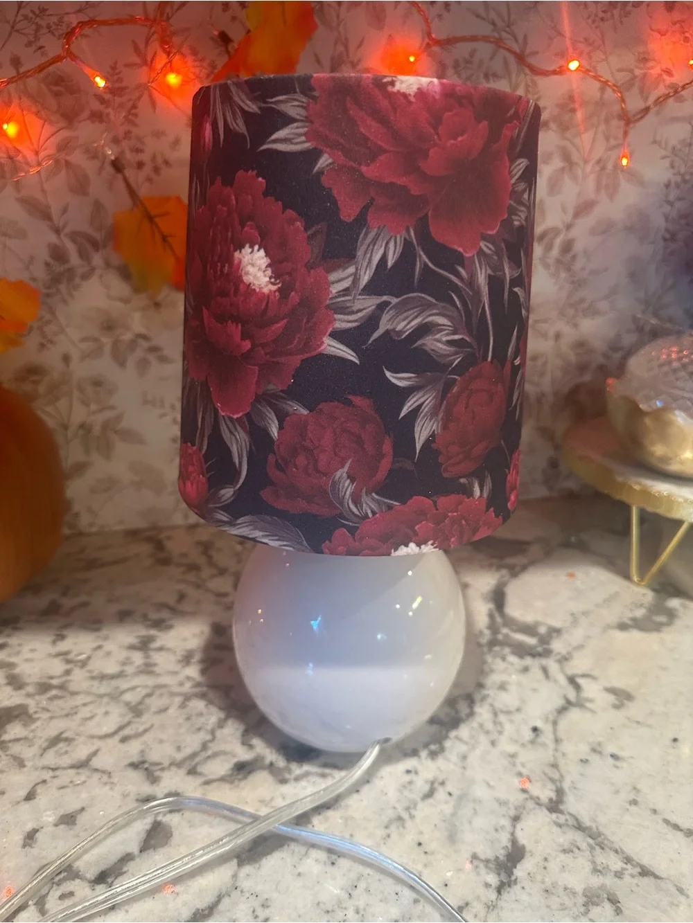 White Ceramic Table Lamp with Red Floral Shade - Unbranded
